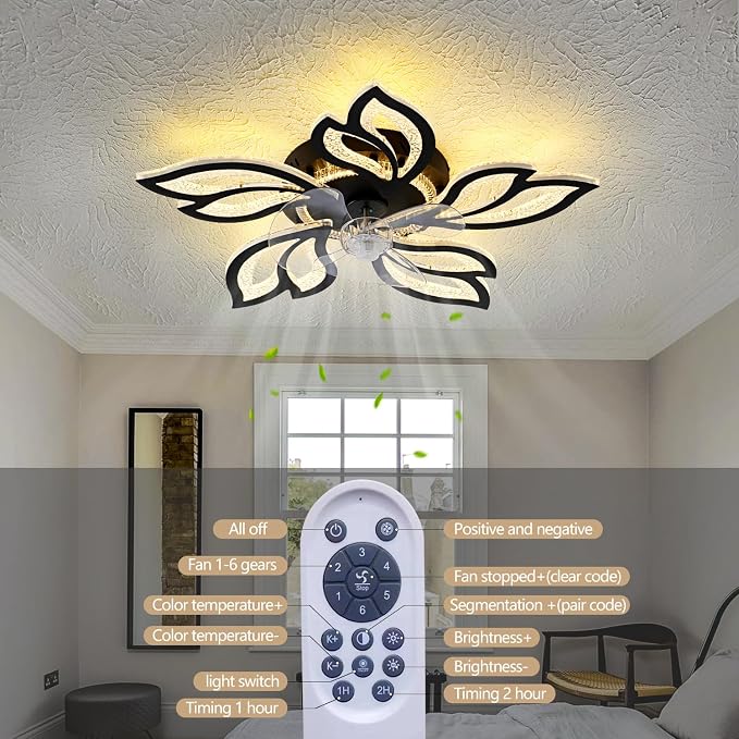 25" Black Geometric Ceiling Fan with Lights and Remote Control, 3 Light Color 6 Speeds Flush Mount Low Profile Ceiling Fan