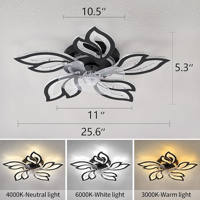 25" Black Geometric Ceiling Fan with Lights and Remote Control, 3 Light Color 6 Speeds Flush Mount Low Profile Ceiling Fan