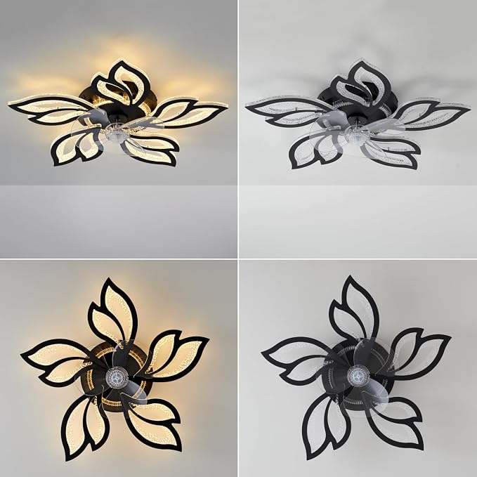 25" Black Geometric Ceiling Fan with Lights and Remote Control, 3 Light Color 6 Speeds Flush Mount Low Profile Ceiling Fan