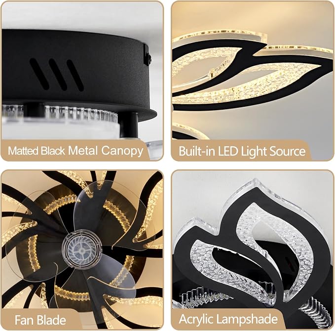 25" Black Geometric Ceiling Fan with Lights and Remote Control, 3 Light Color 6 Speeds Flush Mount Low Profile Ceiling Fan