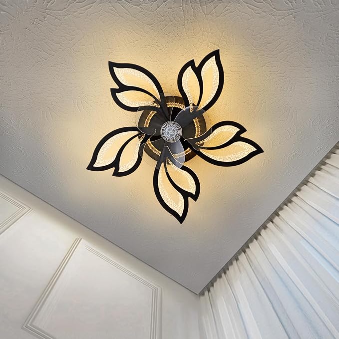 25" Black Geometric Ceiling Fan with Lights and Remote Control, 3 Light Color 6 Speeds Flush Mount Low Profile Ceiling Fan