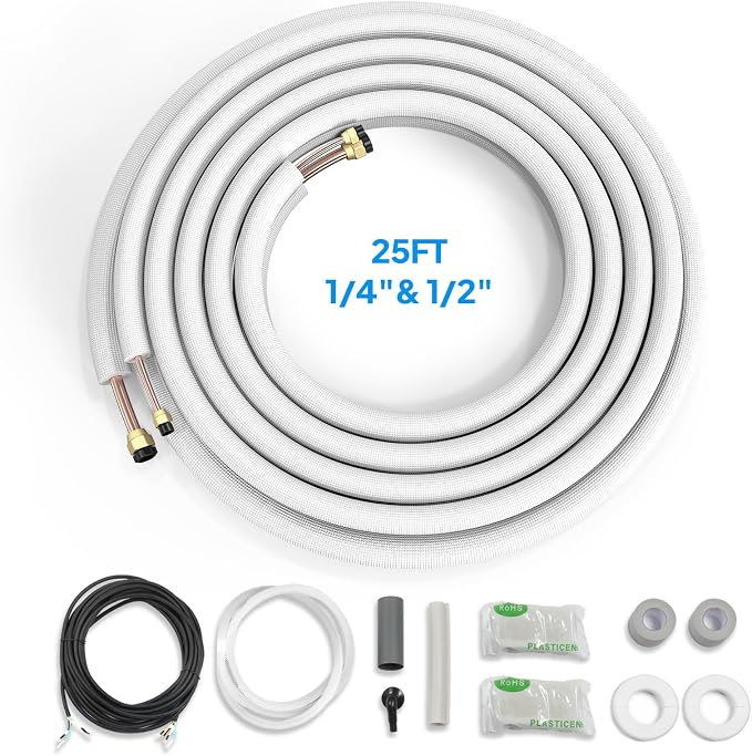 25 Ft Mini Split Line Set, 1/4" & 1/2" O.D. Flared Copper Tubing Pipes and 3/8" Thickened PE Insulated Coil with Nuts & Kit
