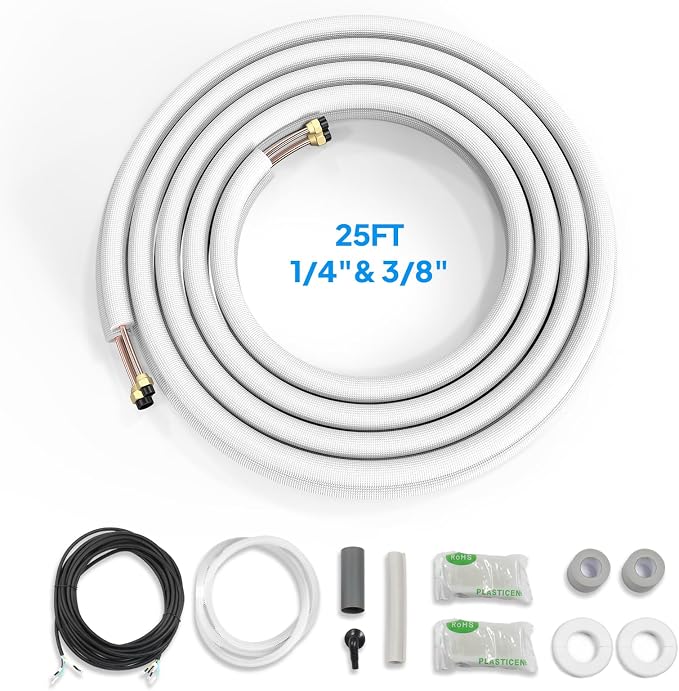 25 Ft Mini Split Line Set, 1/4" & 3/8" O.D. Flared Copper Tubing Pipes & 3/8" Thickened PE Insulated Coil with Nuts &