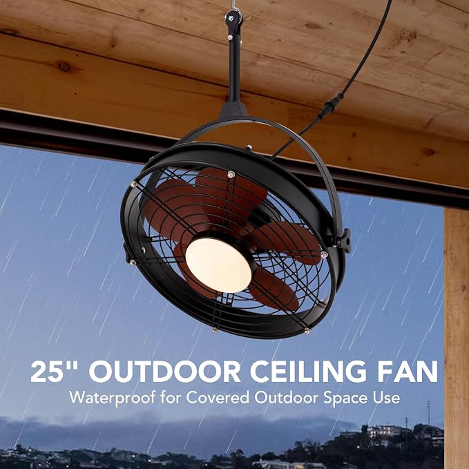 25 Inch Outdoor Ceiling Fan with Lights and Remote, Waterproof Gazebo Hanging Fan with 3CCT Dimmable, Black Plug in Caged