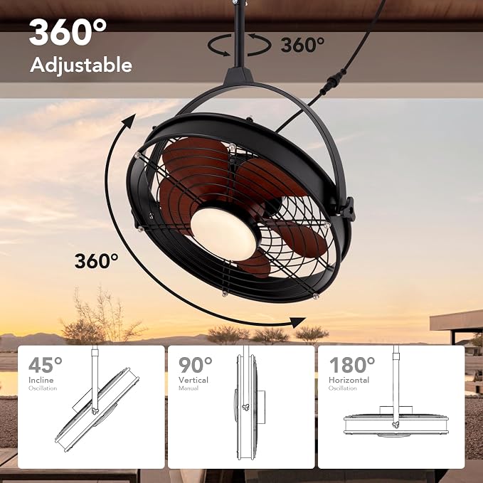 25 Inch Outdoor Ceiling Fan with Lights and Remote, Waterproof Gazebo Hanging Fan with 3CCT Dimmable, Black Plug in Caged
