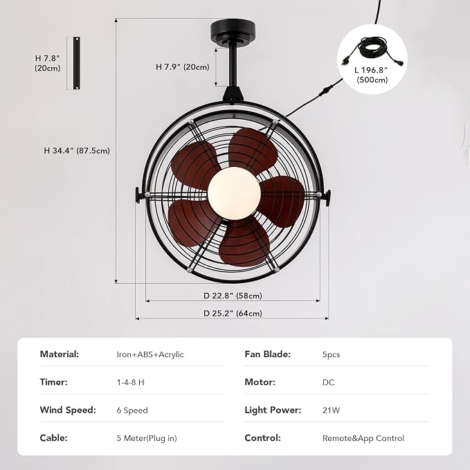 25 Inch Outdoor Ceiling Fan with Lights and Remote, Waterproof Gazebo Hanging Fan with 3CCT Dimmable, Black Plug in Caged