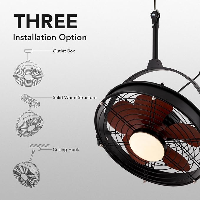 25 Inch Outdoor Ceiling Fan with Lights and Remote, Waterproof Gazebo Hanging Fan with 3CCT Dimmable, Black Plug in Caged
