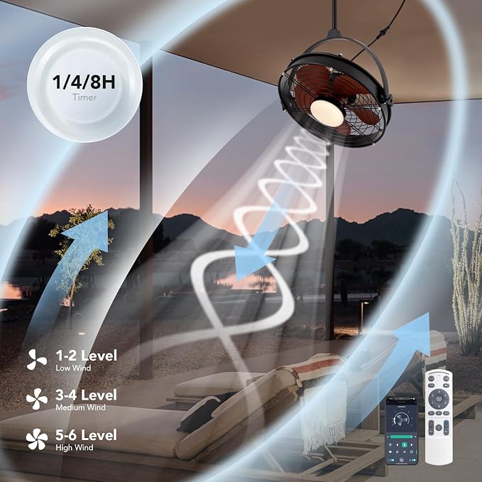25 Inch Outdoor Ceiling Fan with Lights and Remote, Waterproof Gazebo Hanging Fan with 3CCT Dimmable, Black Plug in Caged