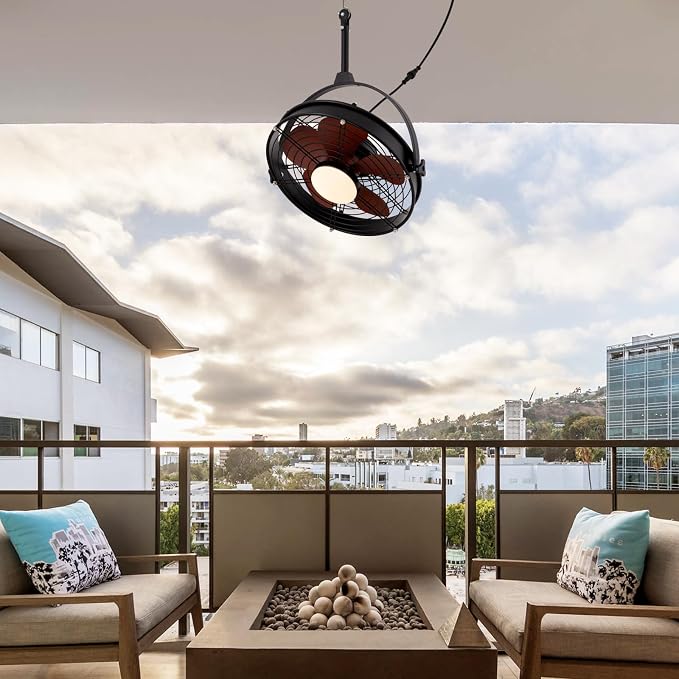 25 Inch Outdoor Ceiling Fan with Lights and Remote, Waterproof Gazebo Hanging Fan with 3CCT Dimmable, Black Plug in Caged