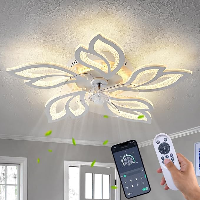 25" White Modern Geometric Ceiling Fan with Lights, 3 Light Color 6 Speeds Flush Mount Low Profile Ceiling Fan for Bedroom