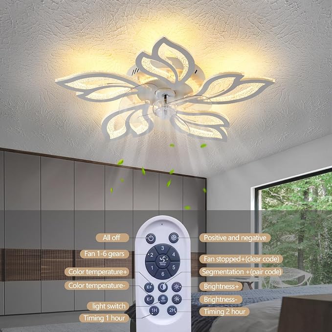 25" White Modern Geometric Ceiling Fan with Lights, 3 Light Color 6 Speeds Flush Mount Low Profile Ceiling Fan for Bedroom