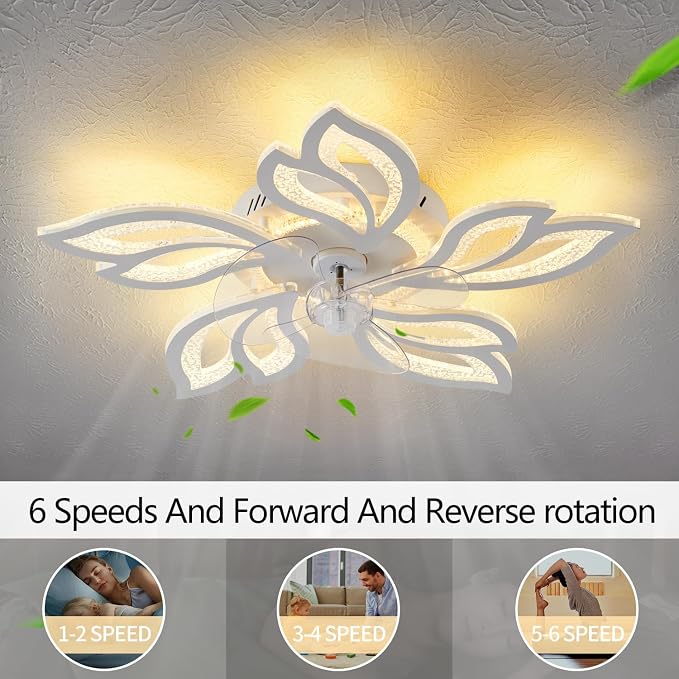 25" White Modern Geometric Ceiling Fan with Lights, 3 Light Color 6 Speeds Flush Mount Low Profile Ceiling Fan for Bedroom