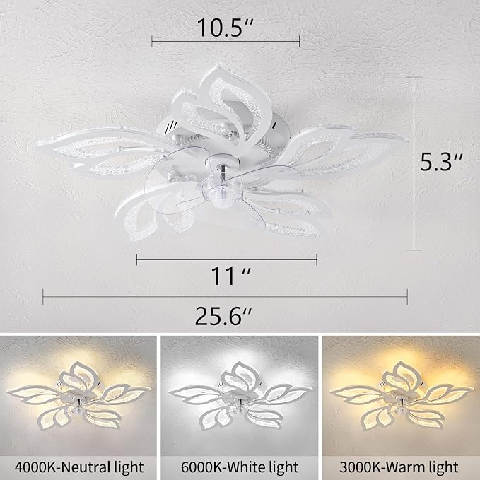 25" White Modern Geometric Ceiling Fan with Lights, 3 Light Color 6 Speeds Flush Mount Low Profile Ceiling Fan for Bedroom