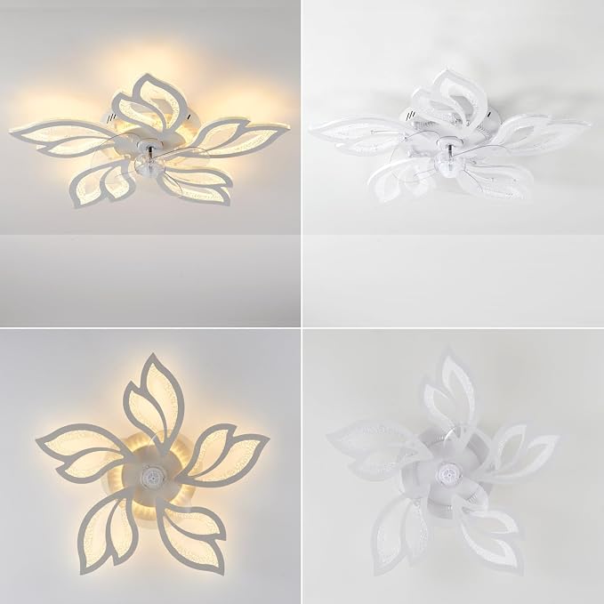 25" White Modern Geometric Ceiling Fan with Lights, 3 Light Color 6 Speeds Flush Mount Low Profile Ceiling Fan for Bedroom