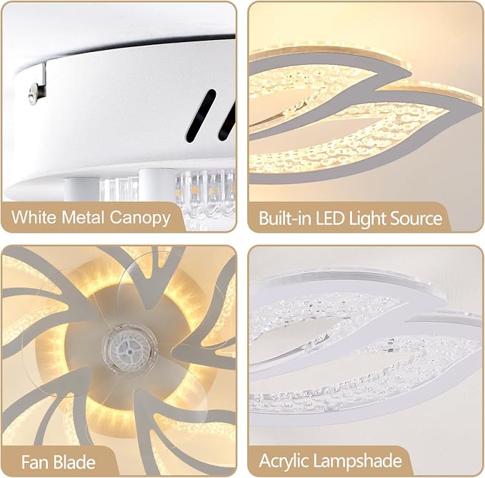 25" White Modern Geometric Ceiling Fan with Lights, 3 Light Color 6 Speeds Flush Mount Low Profile Ceiling Fan for Bedroom