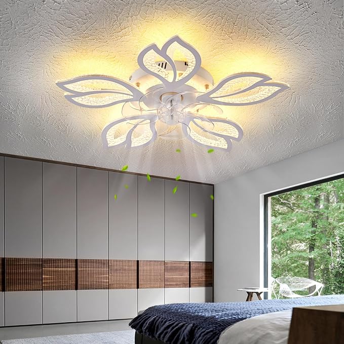 25" White Modern Geometric Ceiling Fan with Lights, 3 Light Color 6 Speeds Flush Mount Low Profile Ceiling Fan for Bedroom