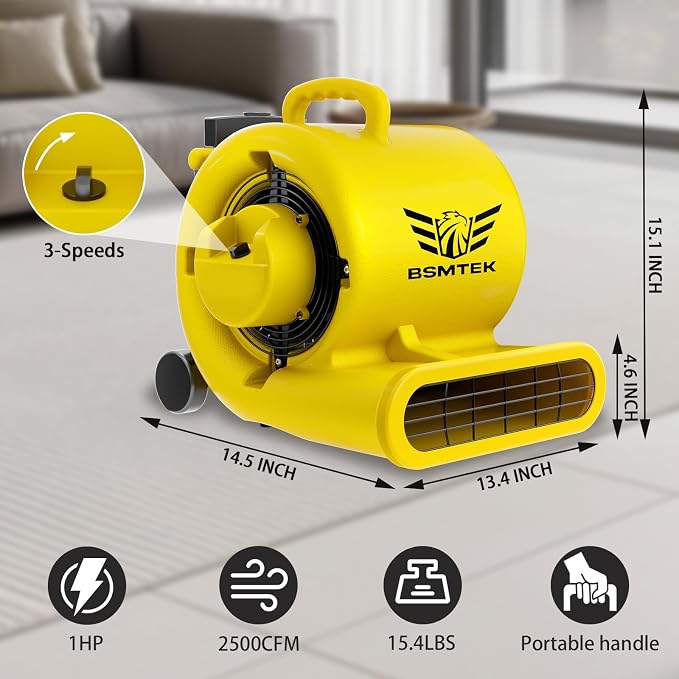 2500-5000 CFM 1HP Air Mover Blower Fan, Floor Blower Dryer, 3 Speeds, 4 Adjustable Angles, Handle Wheelkit, 15Ft Long Cord