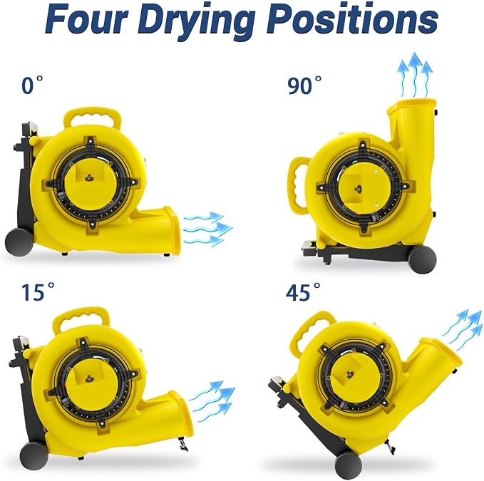 2500-5000 CFM 1HP Air Mover Blower Fan, Floor Blower Dryer, 3 Speeds, 4 Adjustable Angles, Handle Wheelkit, 15Ft Long Cord