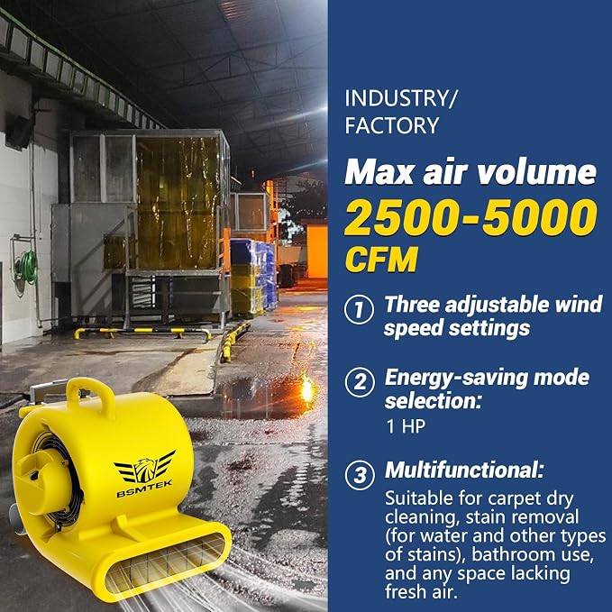 2500-5000 CFM 1HP Air Mover Blower Fan, Floor Blower Dryer, 3 Speeds, 4 Adjustable Angles, Handle Wheelkit, 15Ft Long Cord