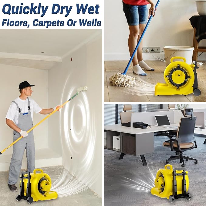2500-5000 CFM 1HP Air Mover Blower Fan, Floor Blower Dryer, 3 Speeds, 4 Adjustable Angles, Handle Wheelkit, 15Ft Long Cord