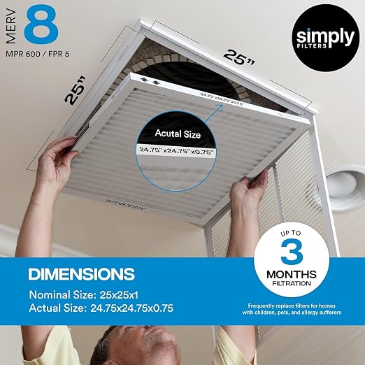 25x25x1 Air Filter, MERV 8, 8 Pack, For Home AC Furnace & HVAC (Actual Size: 24.75"x24.75"x0.75") DUST, Pet, & Allergy