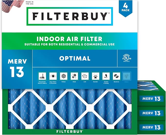 25x25x2 Air Filter MERV 13 Optimal Smoke & Allergy Defense (4-Pack), Electrostatic Pleated HVAC AC Furnace
