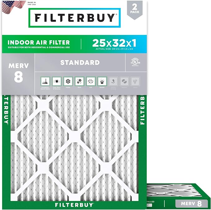25x32x1 Air Filter MERV 8 Essential Dust & Allergy Defense (2-Pack), Electrostatic Pleated HVAC AC Furnace Filters