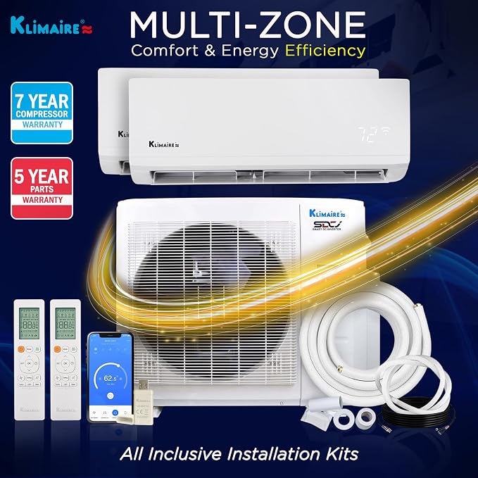 26,000 BTU 2-Zone 23 SEER2 Wall Mounted Mini Split Heat Pump System w/All Inclusive Installation Kits (6,000 BTU + 18,000