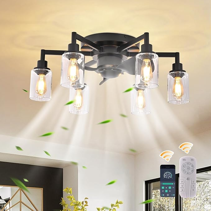 26.4" Ceiling Fans with Lights, Black Flush Mount Ceiling Fan with Lights Remote Control,Low Profile Bladeless Ceiling Fan