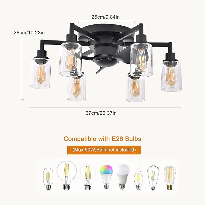 26.4" Ceiling Fans with Lights, Black Flush Mount Ceiling Fan with Lights Remote Control,Low Profile Bladeless Ceiling Fan