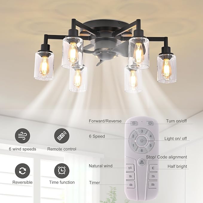 26.4" Ceiling Fans with Lights, Black Flush Mount Ceiling Fan with Lights Remote Control,Low Profile Bladeless Ceiling Fan