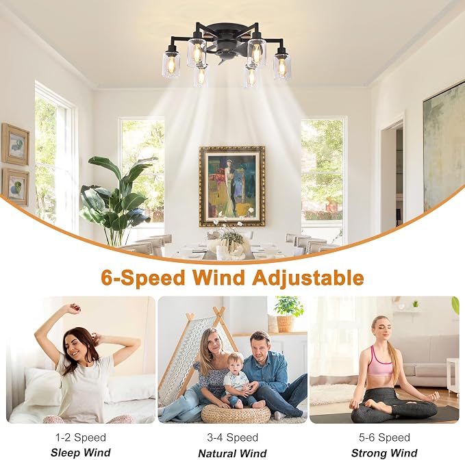 26.4" Ceiling Fans with Lights, Black Flush Mount Ceiling Fan with Lights Remote Control,Low Profile Bladeless Ceiling Fan