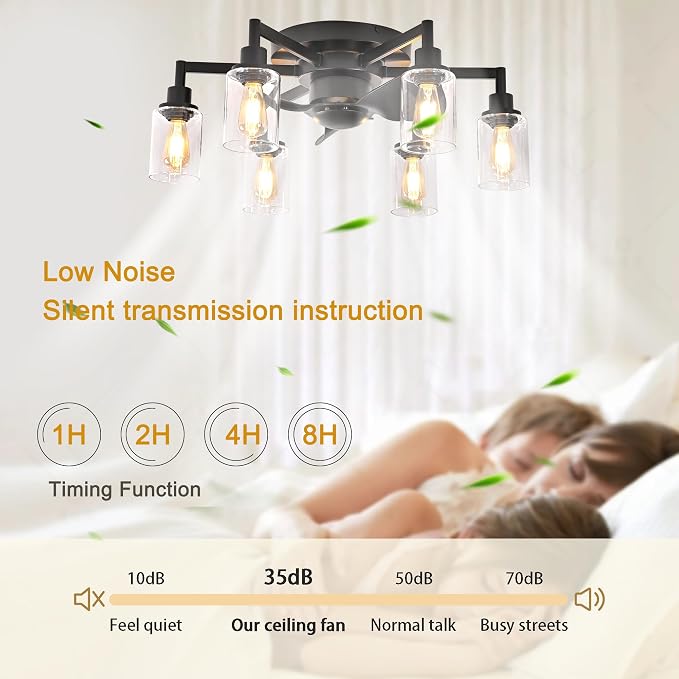 26.4" Ceiling Fans with Lights, Black Flush Mount Ceiling Fan with Lights Remote Control,Low Profile Bladeless Ceiling Fan