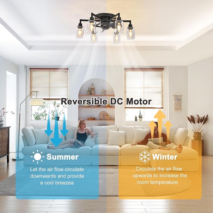 26.4" Ceiling Fans with Lights, Black Flush Mount Ceiling Fan with Lights Remote Control,Low Profile Bladeless Ceiling Fan