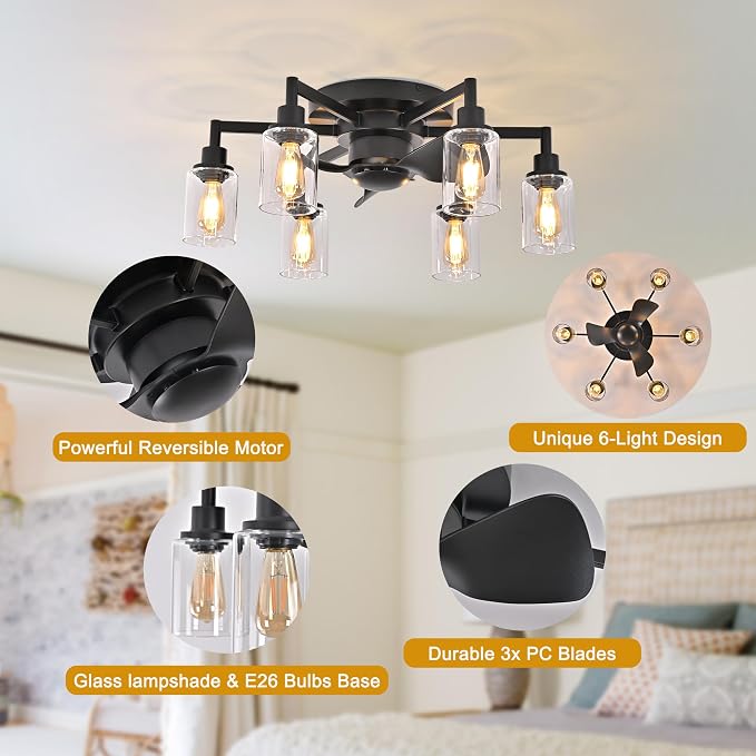 26.4" Ceiling Fans with Lights, Black Flush Mount Ceiling Fan with Lights Remote Control,Low Profile Bladeless Ceiling Fan