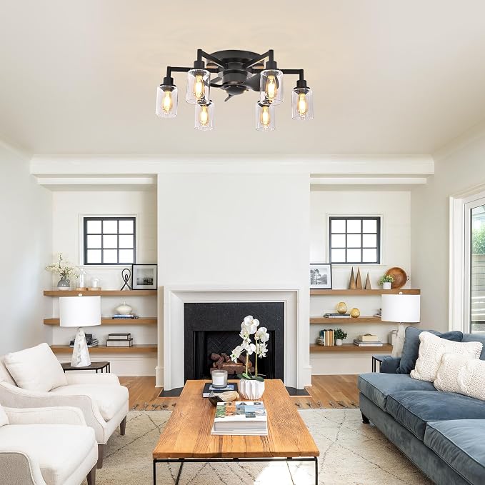26.4" Ceiling Fans with Lights, Black Flush Mount Ceiling Fan with Lights Remote Control,Low Profile Bladeless Ceiling Fan