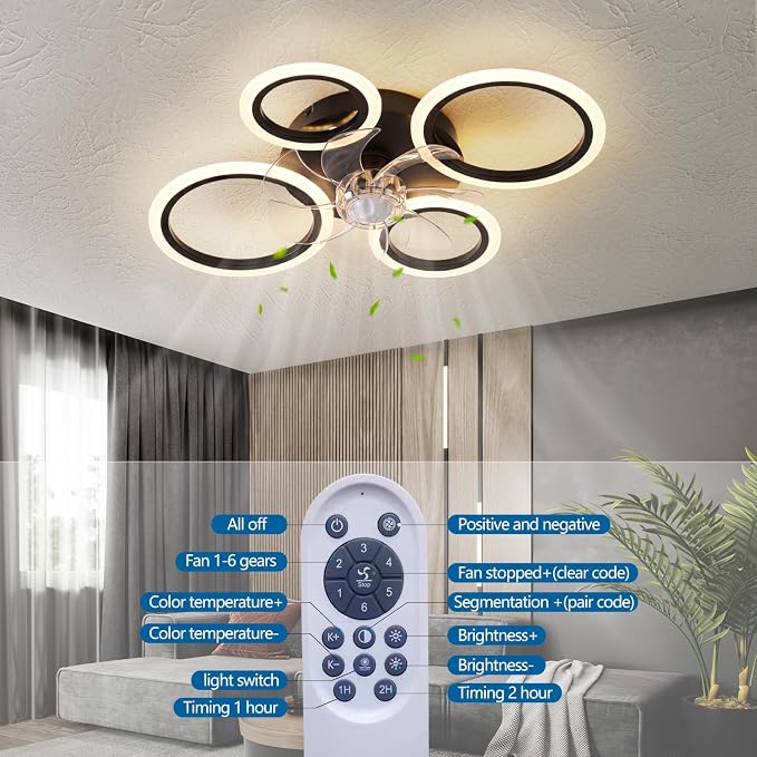26" Geometric Ceiling Fan with Lights Remote Control, 3 Colors, 6 Speeds, Bladeless, Low Profile for Kitchen, Bedroom