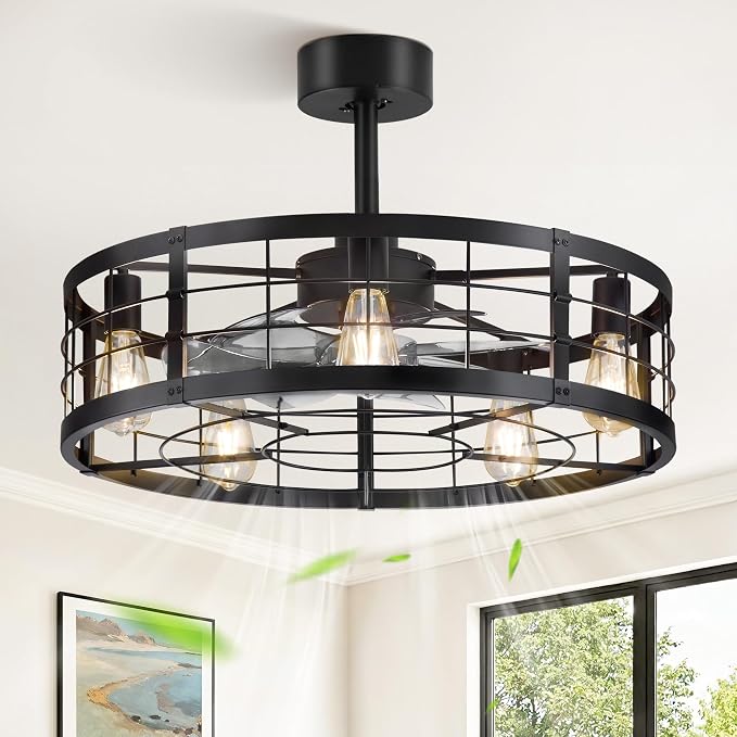 26 inch Fandelier Caged Ceiling Fan with Light, Bladeless Ceiling Fan with Remote, Farmhouse Fan Lights Ceiling Fixtures for