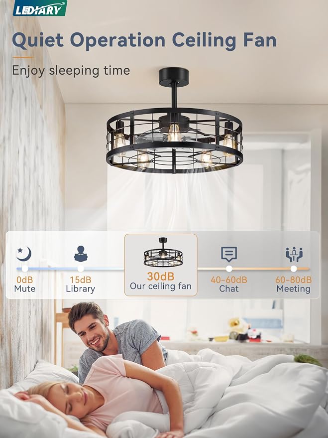 26 inch Fandelier Caged Ceiling Fan with Light, Bladeless Ceiling Fan with Remote, Farmhouse Fan Lights Ceiling Fixtures for