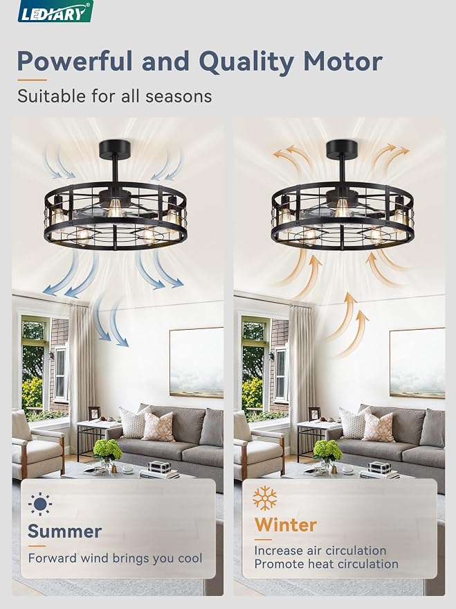 26 inch Fandelier Caged Ceiling Fan with Light, Bladeless Ceiling Fan with Remote, Farmhouse Fan Lights Ceiling Fixtures for