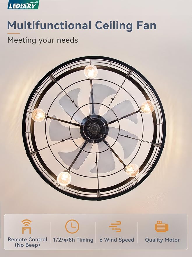 26 inch Fandelier Caged Ceiling Fan with Light, Bladeless Ceiling Fan with Remote, Farmhouse Fan Lights Ceiling Fixtures for