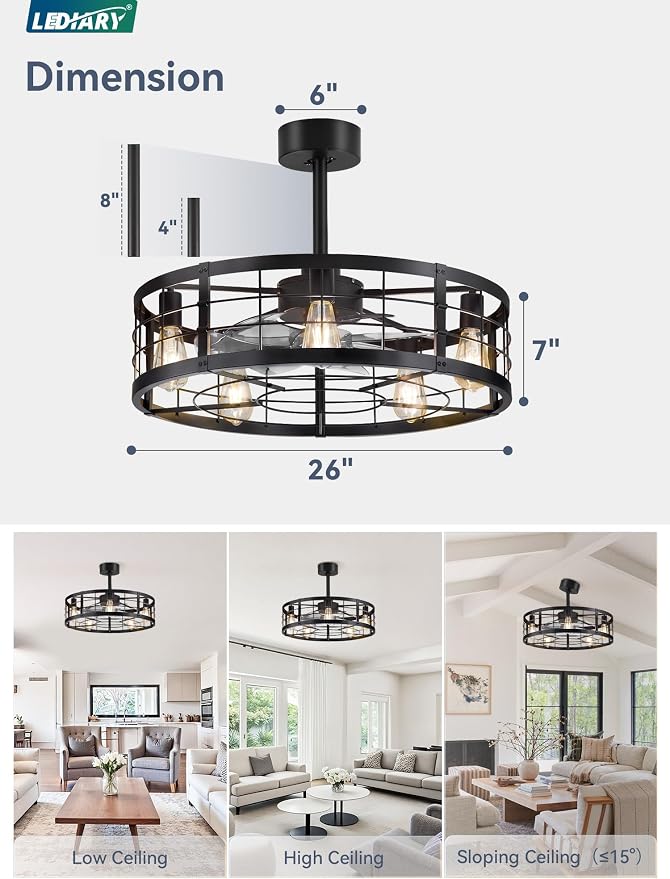 26 inch Fandelier Caged Ceiling Fan with Light, Bladeless Ceiling Fan with Remote, Farmhouse Fan Lights Ceiling Fixtures for