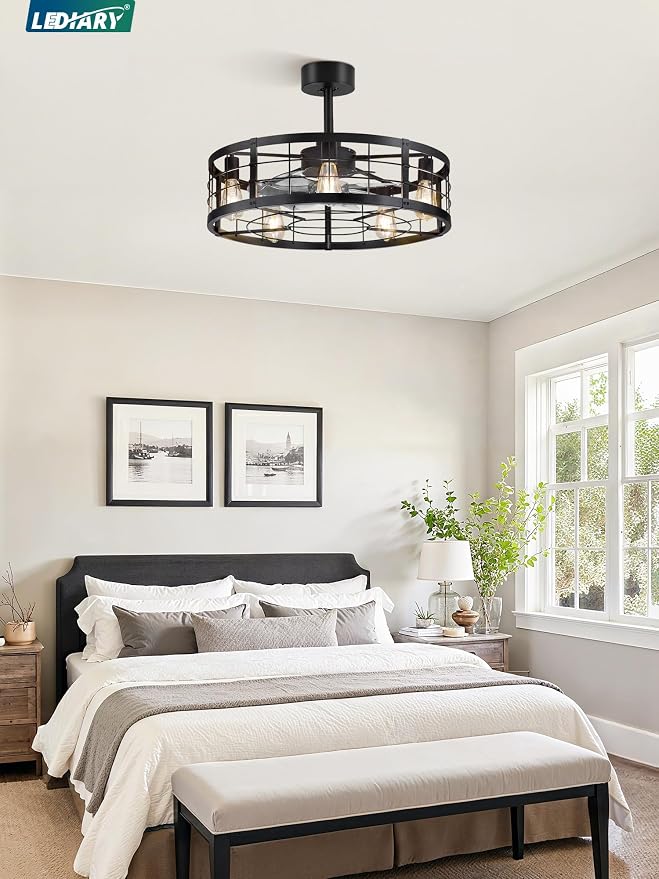 26 inch Fandelier Caged Ceiling Fan with Light, Bladeless Ceiling Fan with Remote, Farmhouse Fan Lights Ceiling Fixtures for