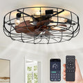 26" Large Caged Ceiling Fans With Lights and Remote, Flush Mount Bladeless Low Profile, Farmhouse Industrial Enclosed Ceiling