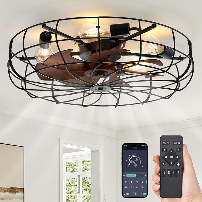 26" Large Caged Ceiling Fans With Lights and Remote, Flush Mount Bladeless Low Profile, Farmhouse Industrial Enclosed Ceiling