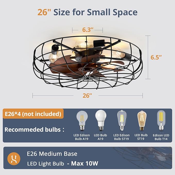 26" Large Caged Ceiling Fans With Lights and Remote, Flush Mount Bladeless Low Profile, Farmhouse Industrial Enclosed Ceiling