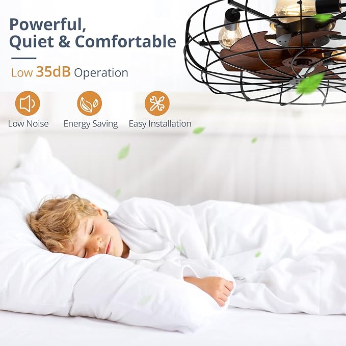 26" Large Caged Ceiling Fans With Lights and Remote, Flush Mount Bladeless Low Profile, Farmhouse Industrial Enclosed Ceiling