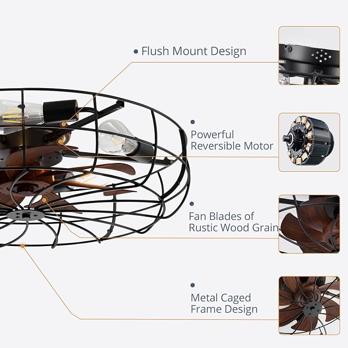26" Large Caged Ceiling Fans With Lights and Remote, Flush Mount Bladeless Low Profile, Farmhouse Industrial Enclosed Ceiling