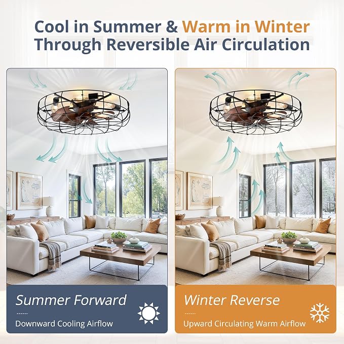26" Large Caged Ceiling Fans With Lights and Remote, Flush Mount Bladeless Low Profile, Farmhouse Industrial Enclosed Ceiling
