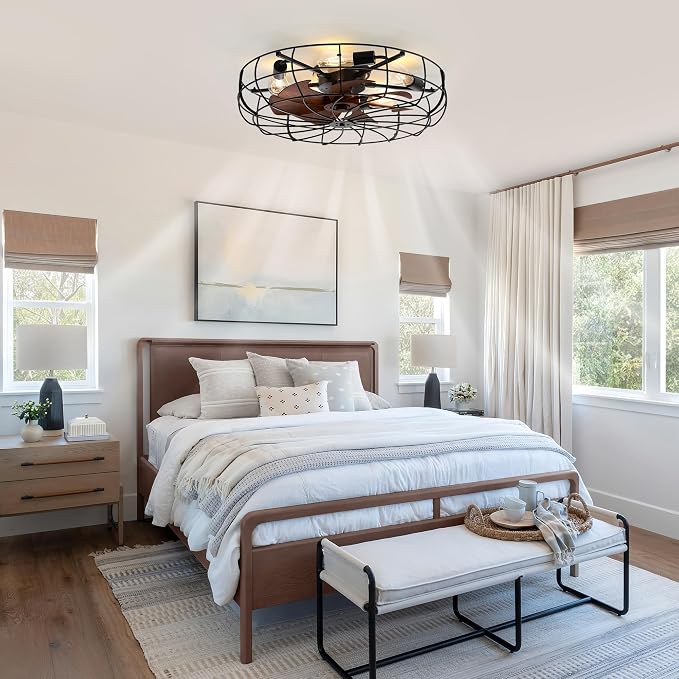 26" Large Caged Ceiling Fans With Lights and Remote, Flush Mount Bladeless Low Profile, Farmhouse Industrial Enclosed Ceiling